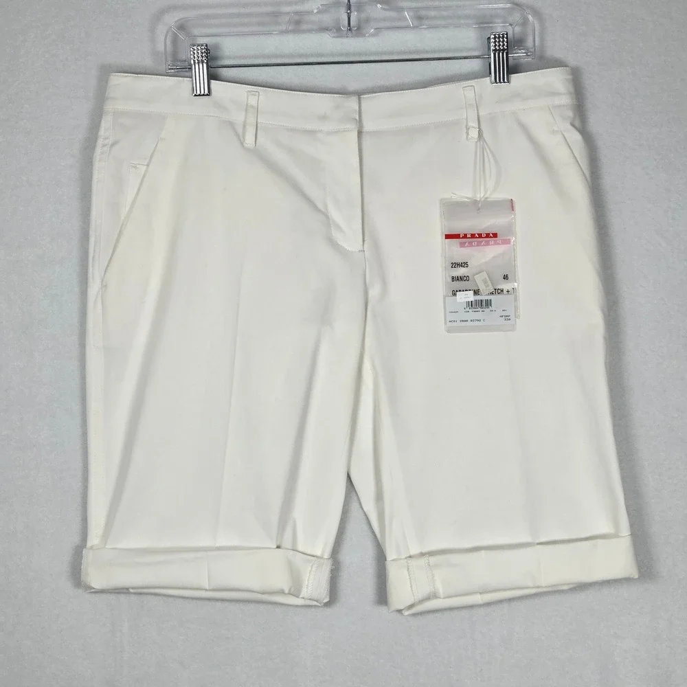 Prada NEW Women 10 Gabardine Stretch Shorts Bianco White Pleated Cuffed Vintage